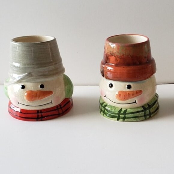 NWT -  Ceramic Hallmark Snowman Wax Burning Candle Set of 2 - Picture 1 of 4